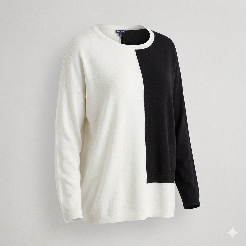 NWT Splendid Color Block Black Ivory Long Sleeve Tunic Sweater Cashmere Blend L